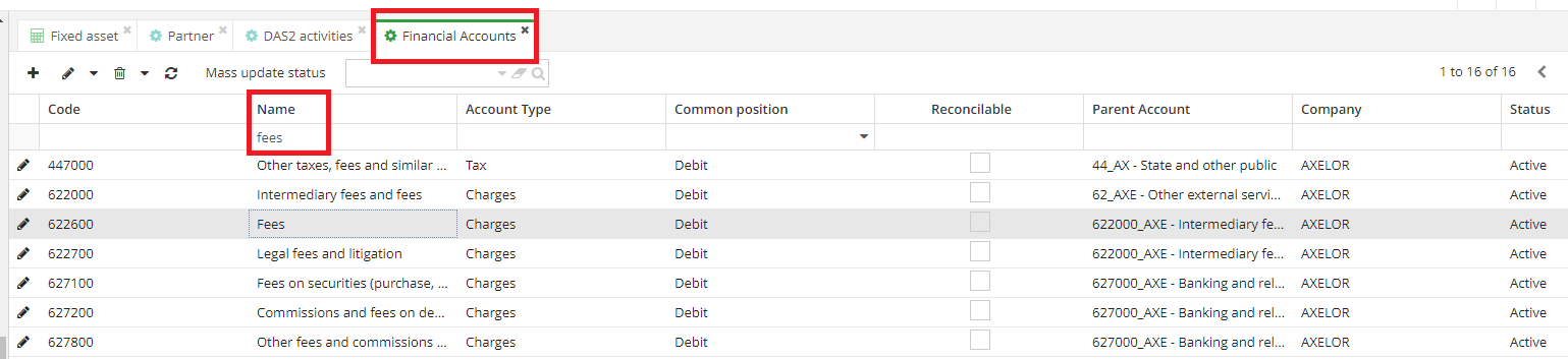 1.3. Select the Financial accounts dedicated to fees by entering the keyword “Fees” in the Name field.